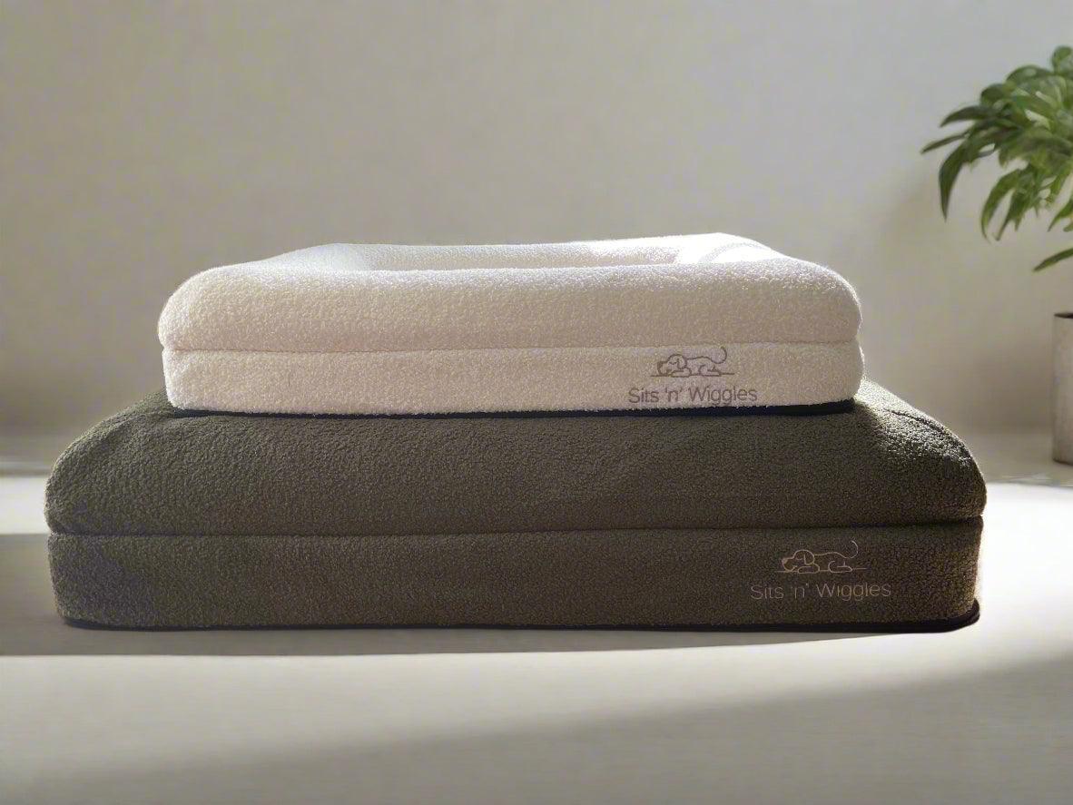 Stacked image of White and Olive Dog Beds