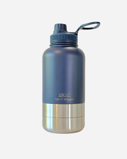 Navy Scout Adventure Bottle with Gulp Lid and two detachable stainless steel dog bowls stacked underneath
