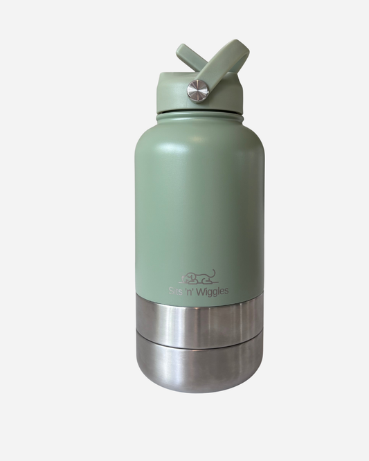 Sage Scout Adventure Bottle with Straw Lid and two detachable stainless steel dog bowls on white background